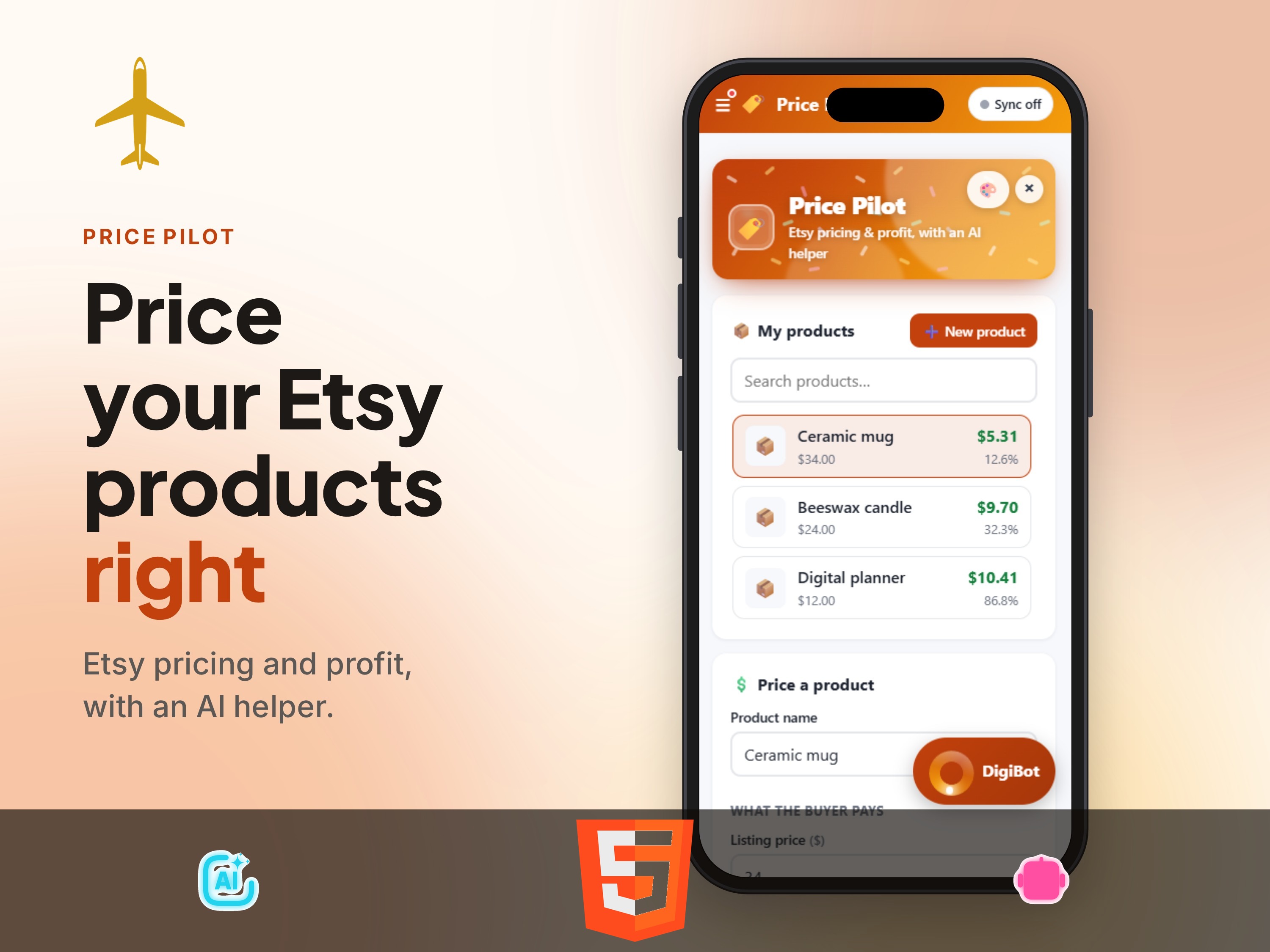 Price your Etsy products right — Price Pilot on a phone