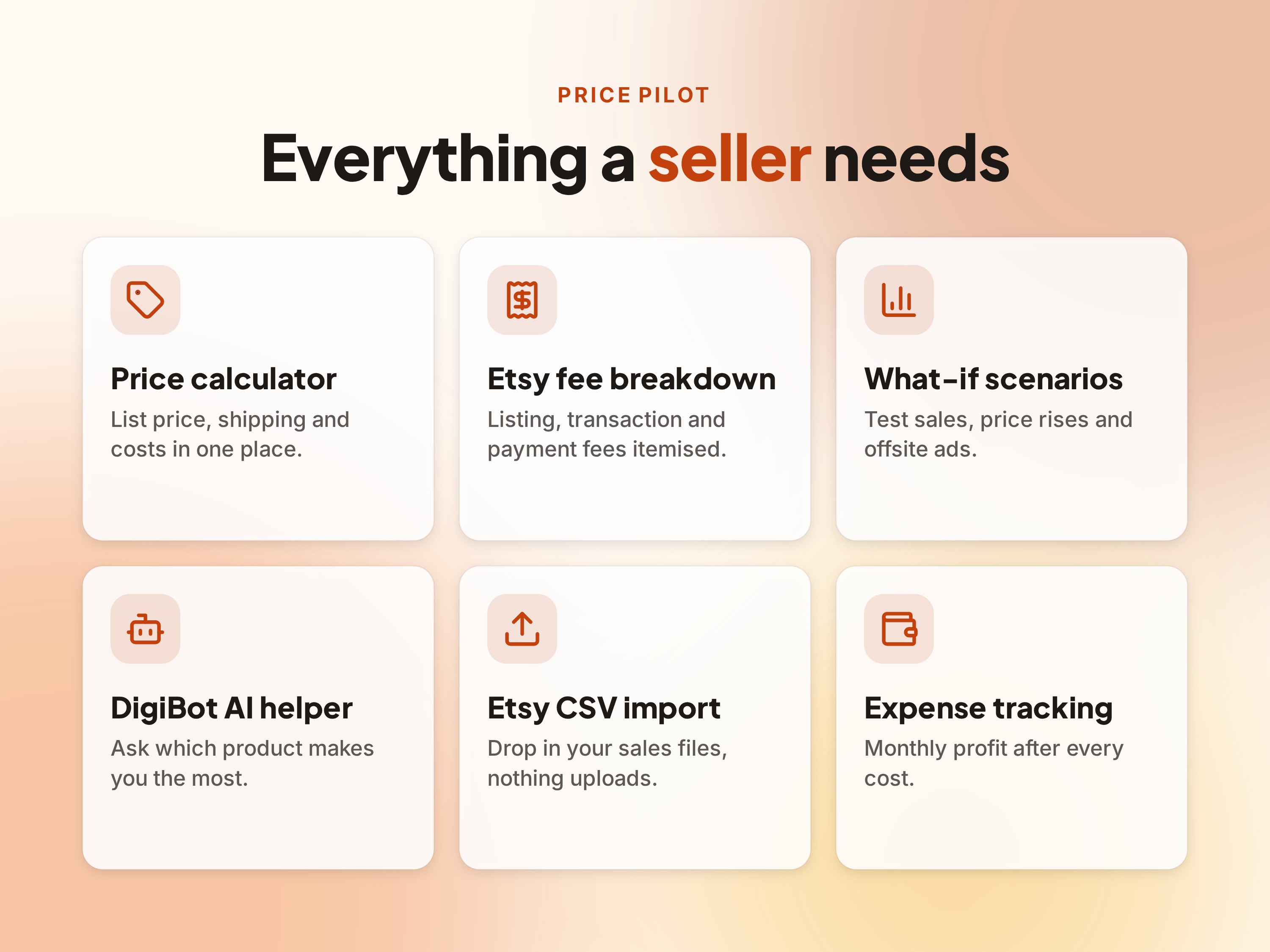 Everything a seller needs: price calculator, Etsy fee breakdown, what-if scenarios, DigiBot AI helper, Etsy CSV import, expense tracking