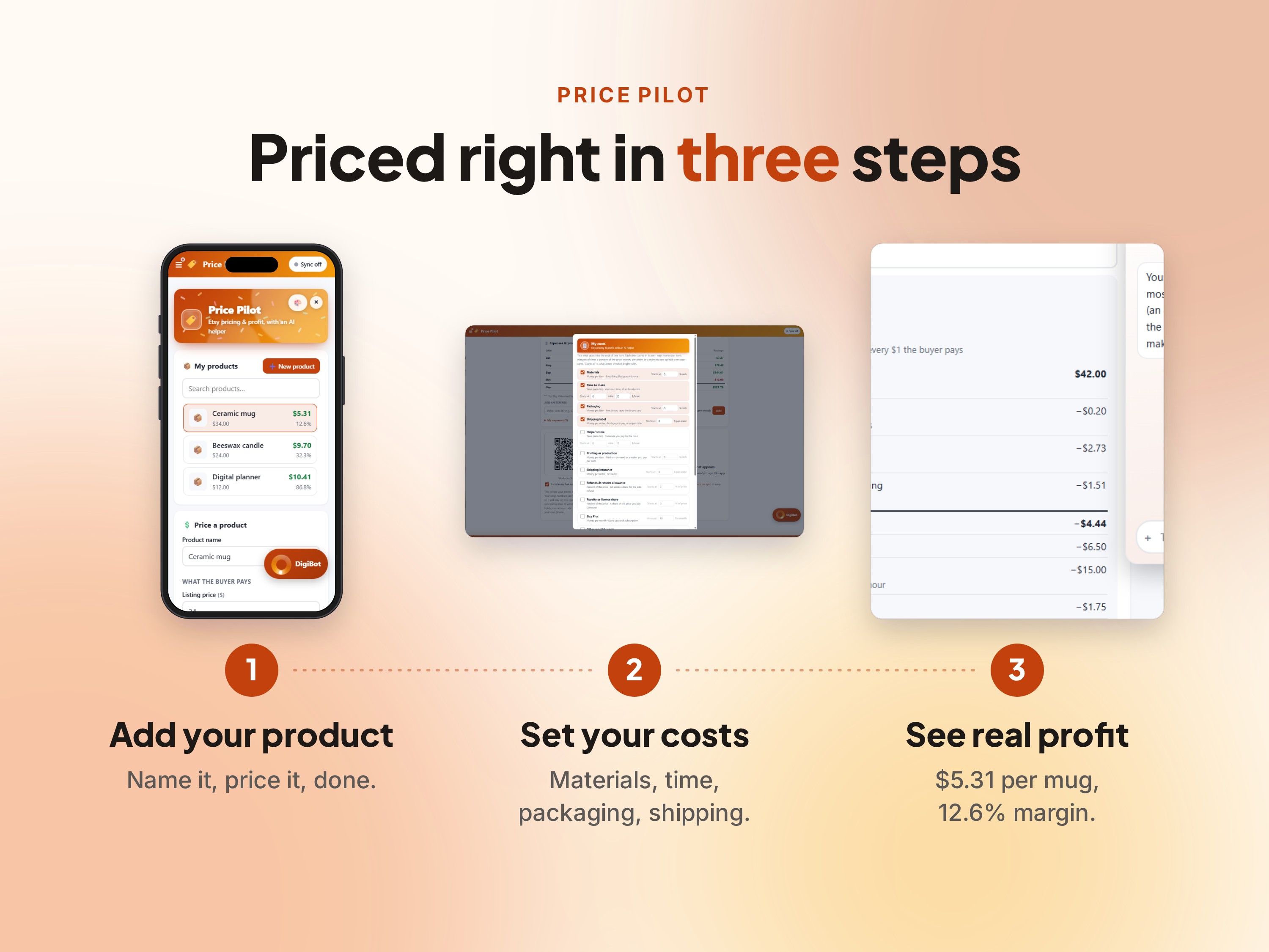 Priced right in three steps: add product, set costs, see real profit