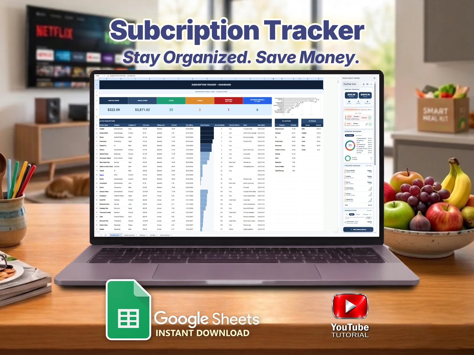 Subscription Tracker dashboard on a laptop, with monthly and annual spend